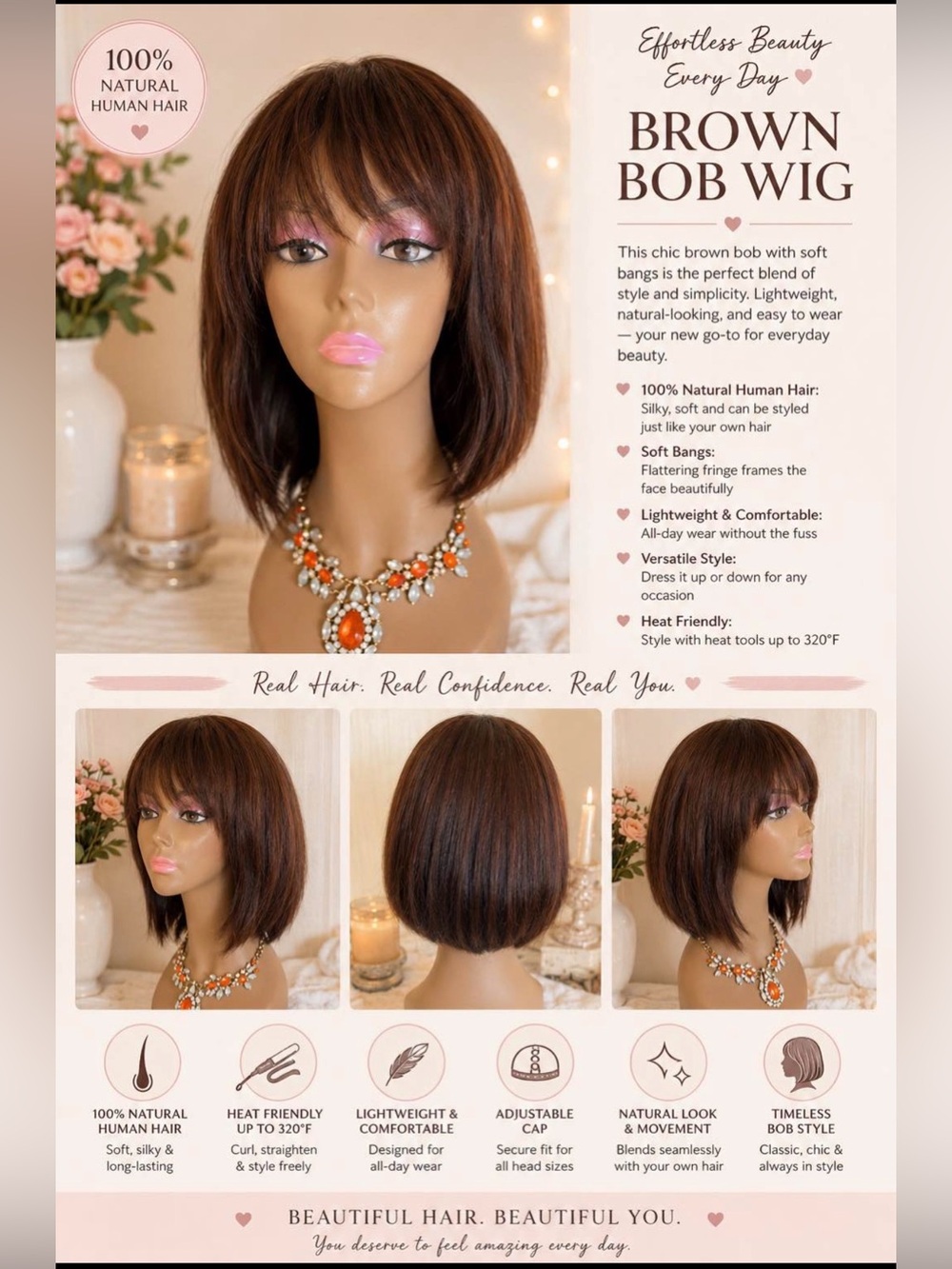 Brown Bob Wig with Soft Bangs - 100% Natural Human Hair